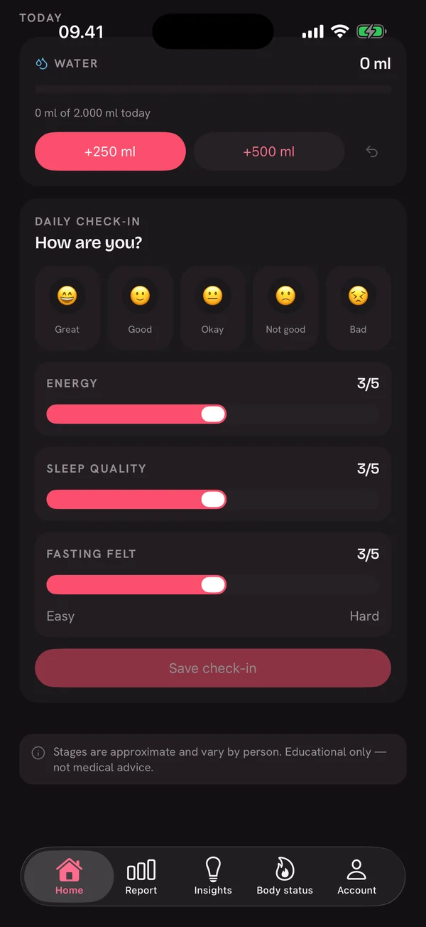 Pola daily check-in and hydration tracking in dark mode