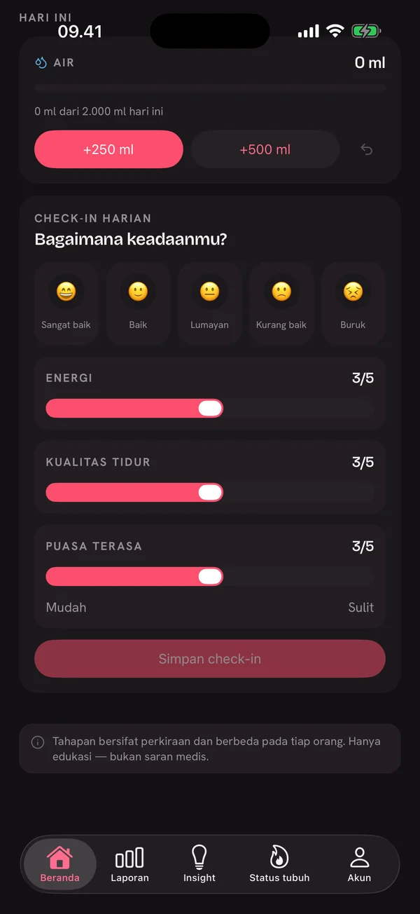 Check-in harian dan catatan air Pola dalam mode gelap