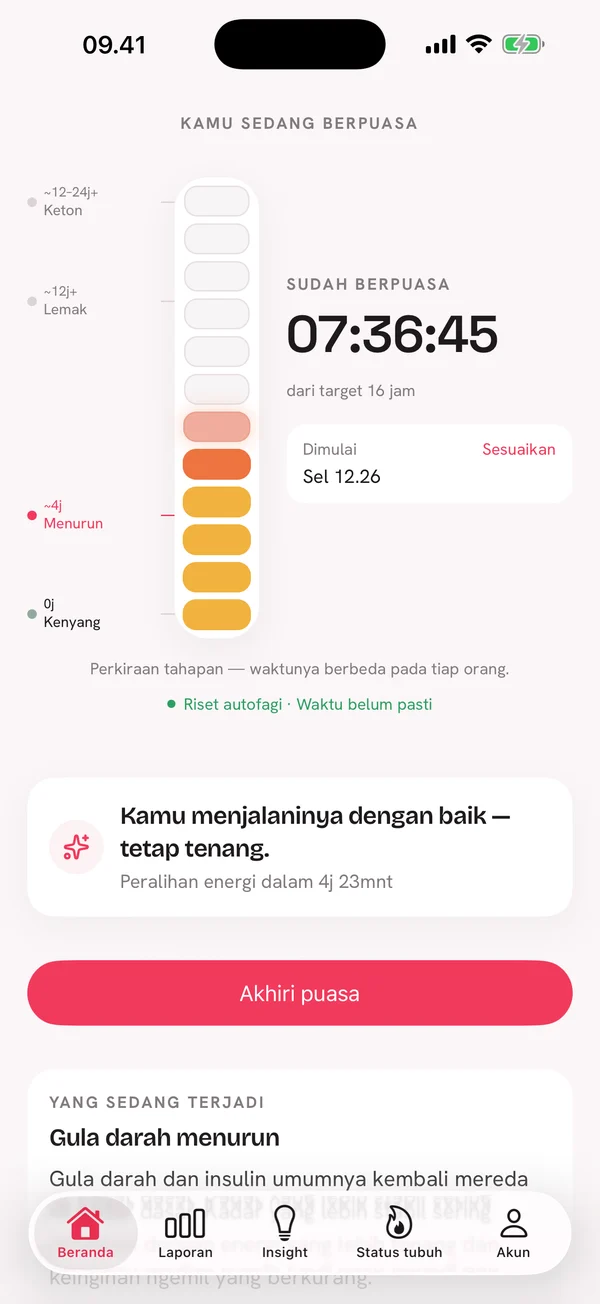 Timer puasa Pola menampilkan durasi puasa dan target 16 jam yang dapat diubah